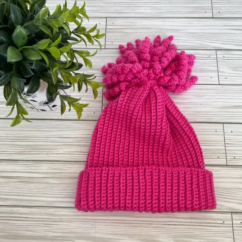 New Handmade Crochet Hot Pink Curly Pom Pom Girl's Knit Winter Hat